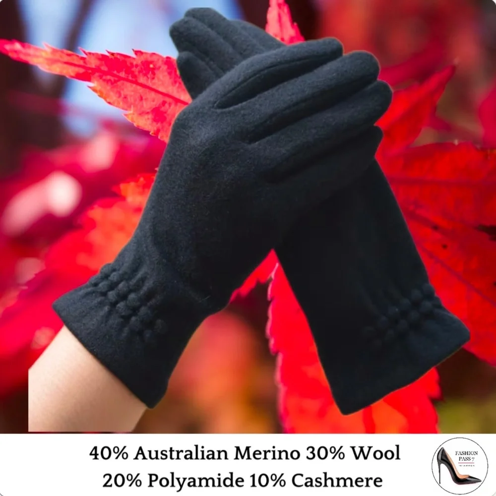 Luxury Cashmere Merino Wool Gloves Classic Black Driving Winter Warm Cozy Mitten